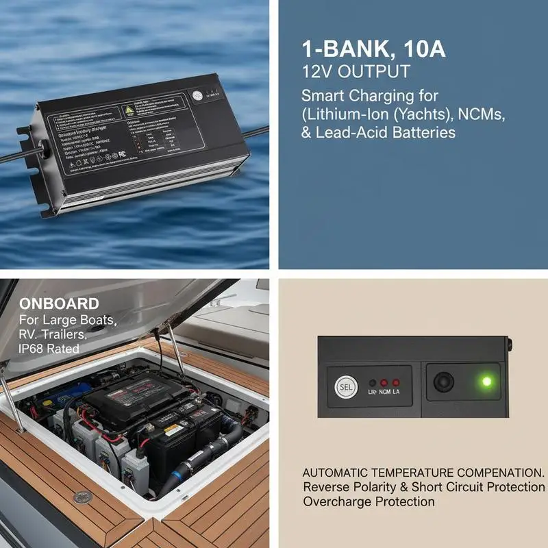 Marine Battery Maintainer 1-Bank 10A 12V Onboard Charging Unit For Large Boat Yacht RV Lithium-Ion LiFePO4 NCM Lead-Acid Compatibility Smart Pulse Tech Automatic Power Management Compact Design Aluminum Housing Multiple Battery Types Support AC 100-2 view 5