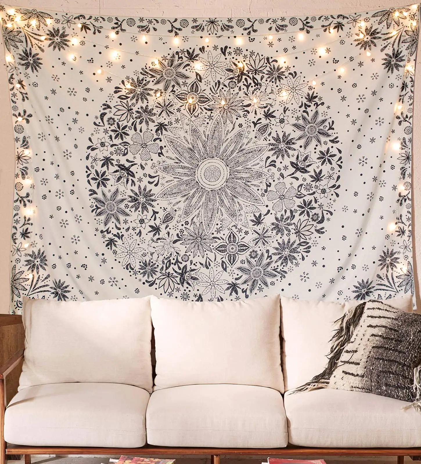 Bohemian Tapestry Wall Hanging - Beige White Floral Design with Dotted Daisy Medallion Print, Ideal for Bedroom Boho Hippie Home