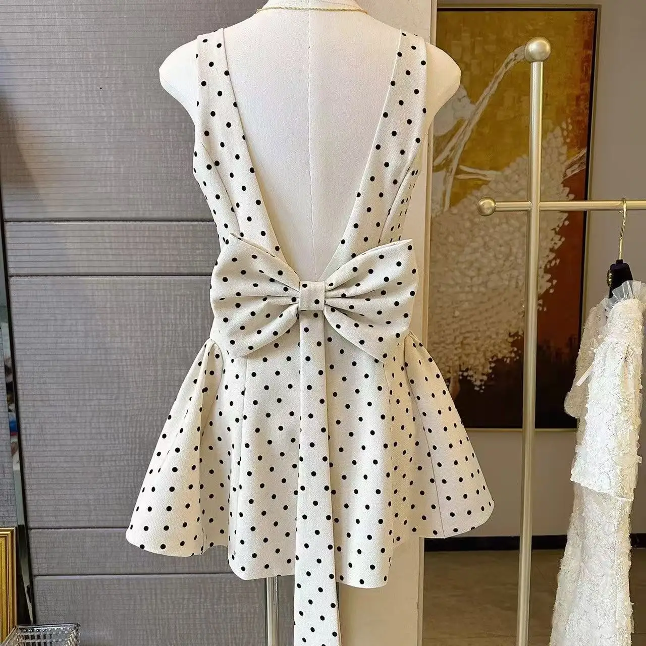 French Retro Classic Polka Dot Backless Bow Vest Skirt Korean Spicy Girl Cinched Waist Slimming Sleeveless A-line Short Skirt