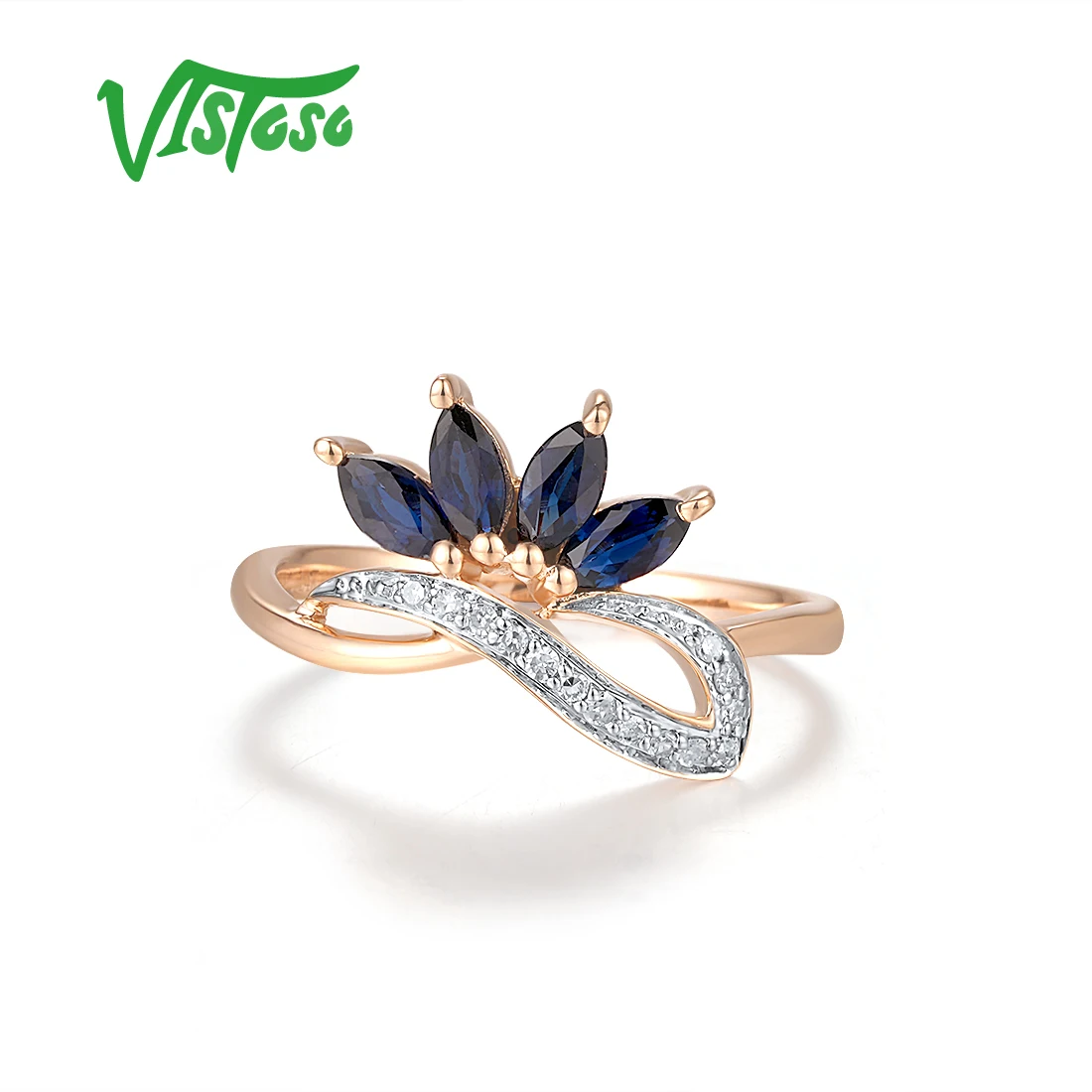 VISTOSO Real 14K 585 Rose Gold Ring For Women Ring Sparkling Diamond Blue Sapphire Luxury Wedding Engagement Chic Fine Jewelry