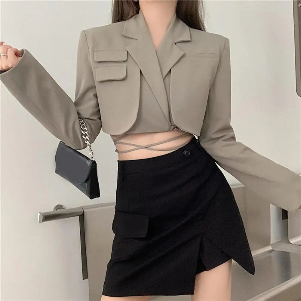 

Blazer Women Retro Solid Color Crop Coats Skirt Sets High Street Autumn Slim Lapel Lace Up Warm Blazer Sets conjuntos de falda