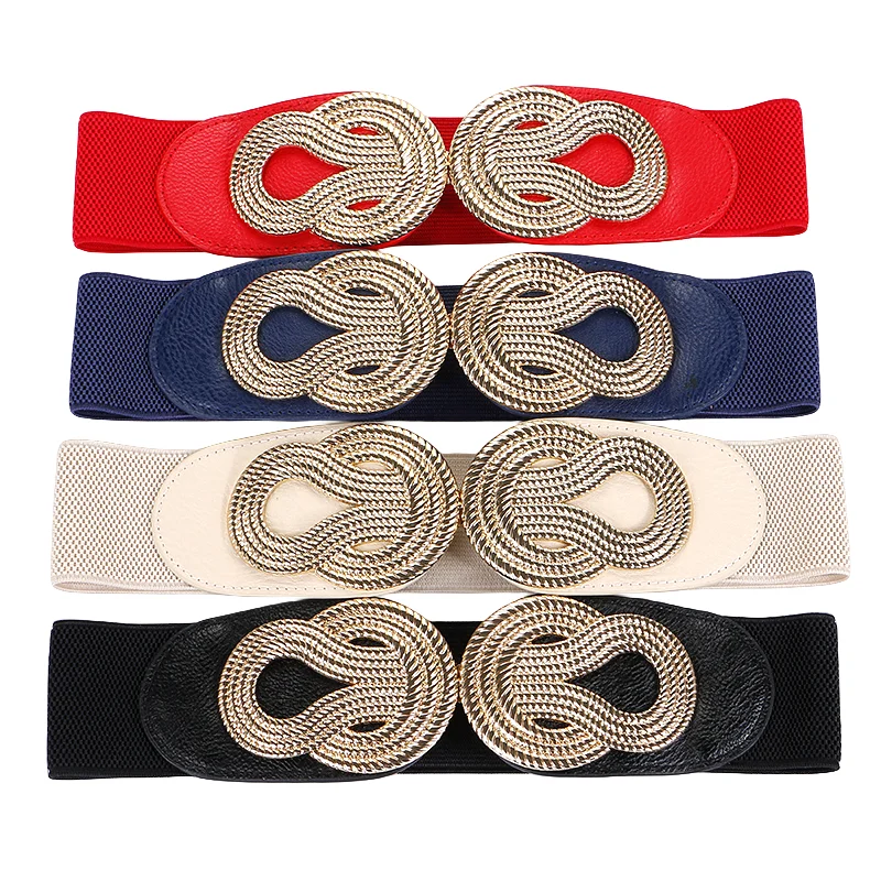 HOT Sale Elastic Cummerbunds Women Trendy Newest Gold Metal Big Bow Buckle Cummerbund Black PU Leather Wide Waist Belts Ladies