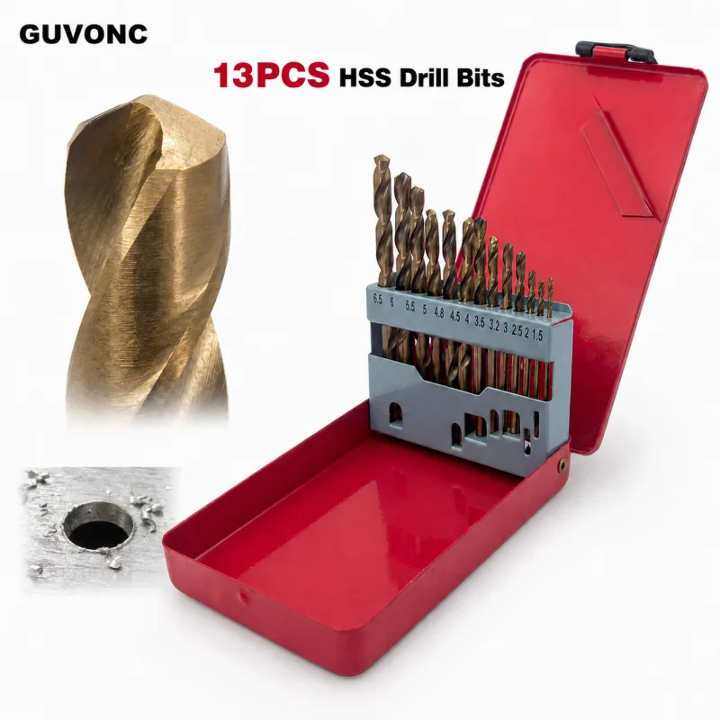 13PCS Titanium Coated HSS Twist Drill Bit Set 1.5-6.5mm, Metric Drill Bits with Storage Box for Metal Wood Plastic Drilling Powe