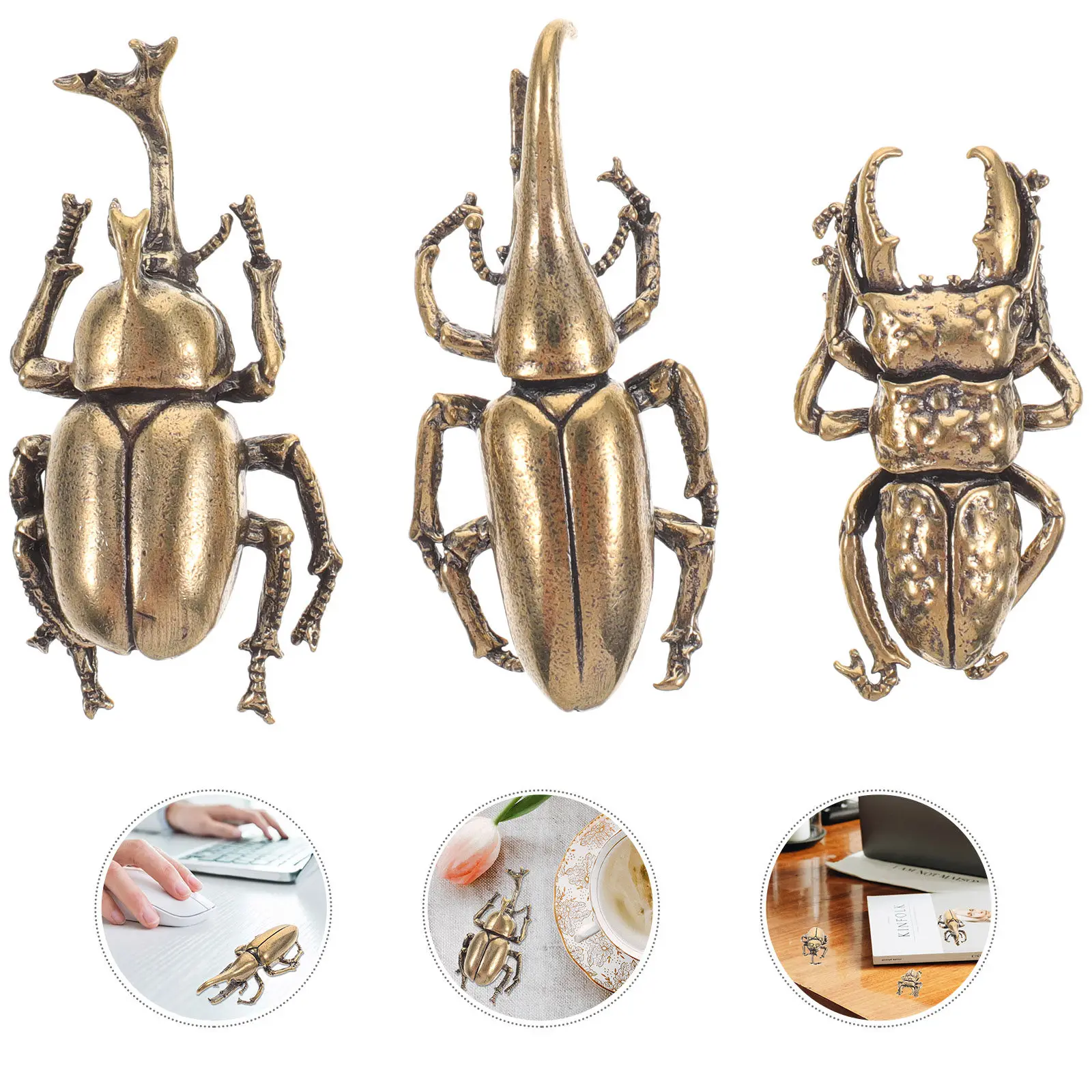 3Pcs Brass Beetle Decoration Creative Design Elegant Brass Craft Desktop Tabletop Ornament Small Vintage Insect Statue Decor