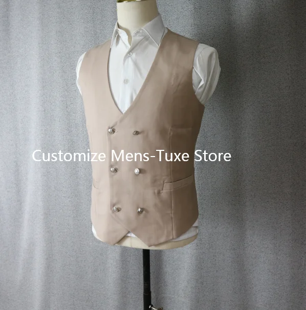Beige Suits for Men 3 Piece Stand Collar Double Breasted Male Suit Slim Fit Causal Formal Elegant Groom Wedding Tuxedo