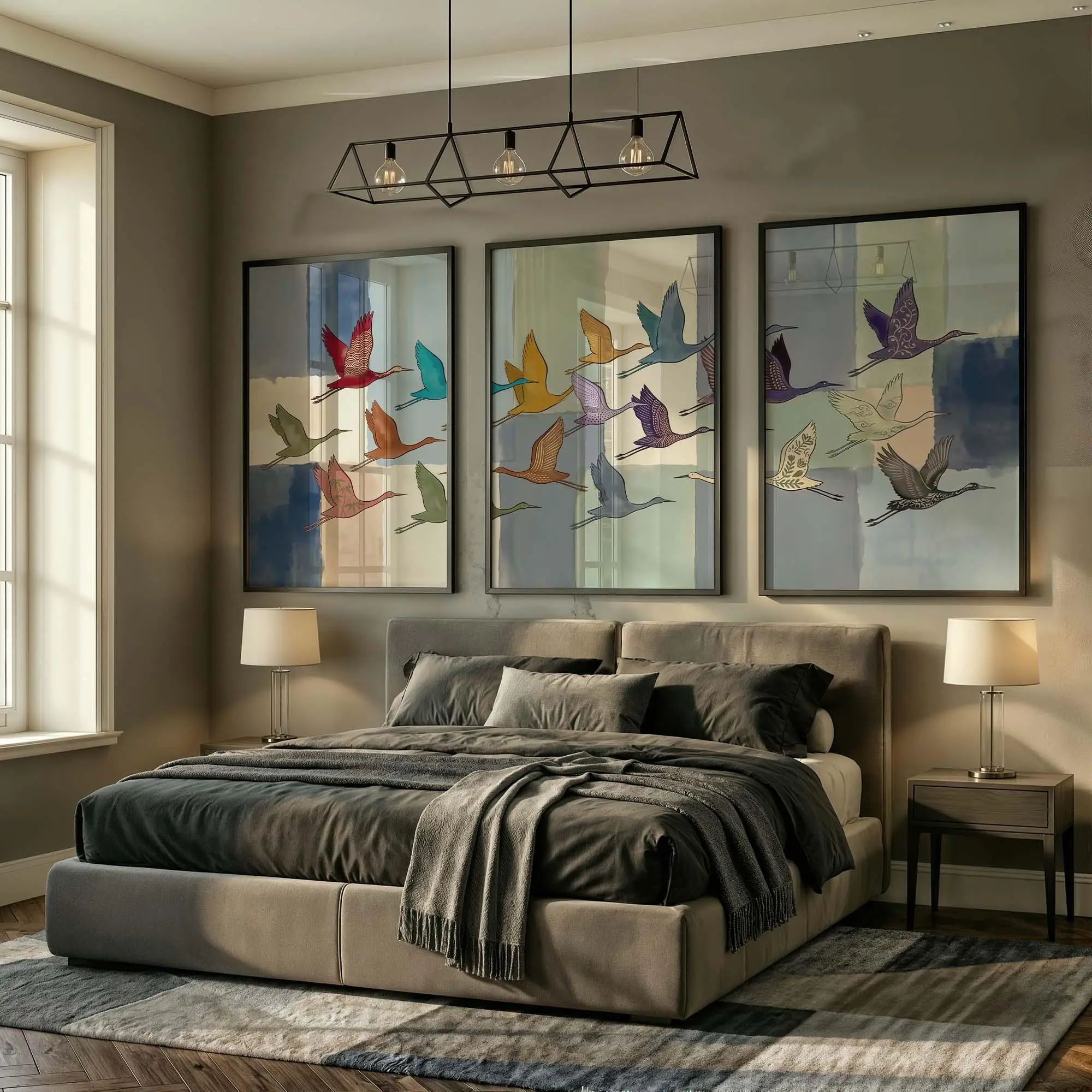 3Pcs Colorful Flying Crane Wall Art,Abstract Watercolor Geometric Block Canvas Prints,Minimalist Japandi Home Decor Lucky Gifts