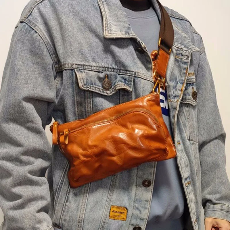 AETOO Nowa męska torba na klatkę piersiową w stylu vintage, garbowana roślinnie, skórzana torba na ramię, skórzana, codzienna, modna, ręczna