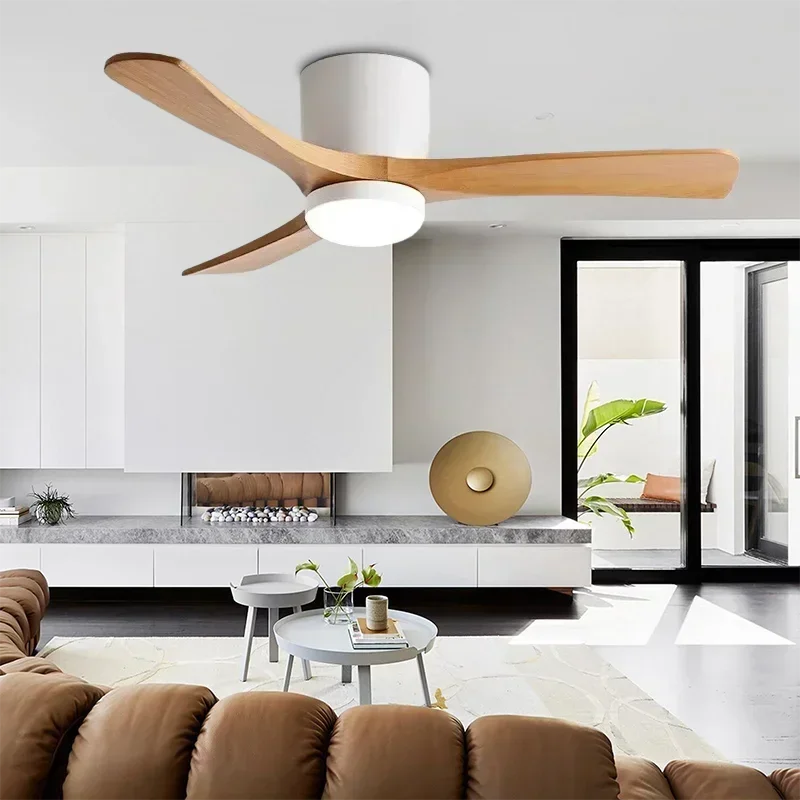 Low Floor Modern Ceiling Fan with Solid Wood Blades, Solid Wood DC Motor, Reversible Blades, Remote Control, LED Fan with Lights