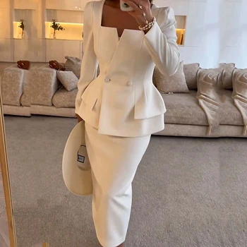 2024 Elegante Vierkante Kraag Lange Mouw Blazer & Lange Rokken Pak Vrouwen Chic Double Breasted Jas Werk Outfit Nieuwe Solid 2 stuks Pak