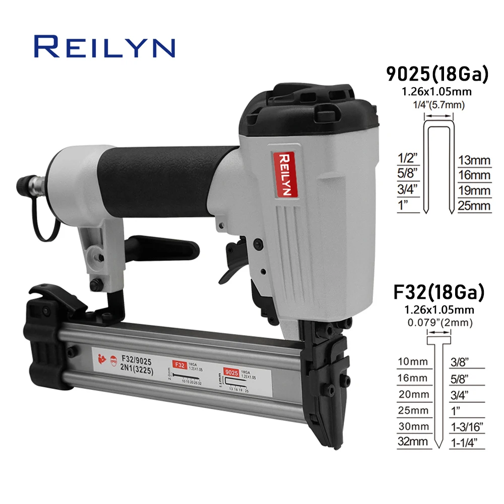 

Reilyn Air Nailer 18Ga Pneumatic Brad Staple Gun 2 IN 1 F32 9025 Framing Nail Gun for Furniture Leather Construction Tool