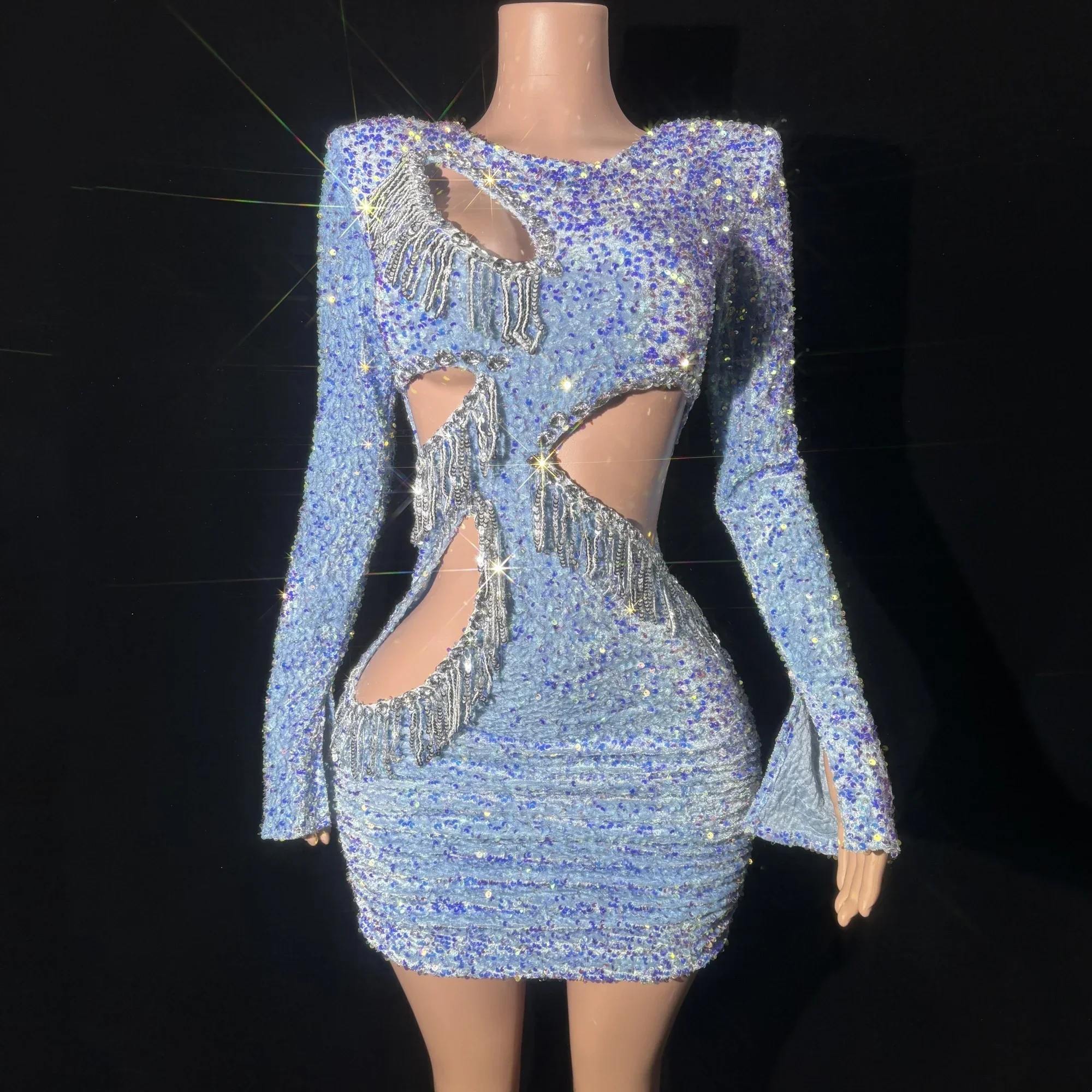 

Performance Costume Nightclub Singer Dancer Stage Sky Blue Color Sequins Sexy Hollow Out Tassels Sheath Dress Evening Party