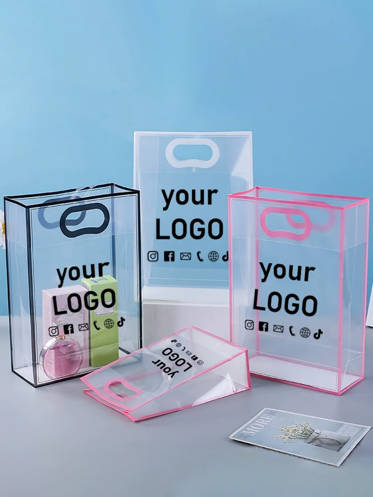 20 Stück transparente PVC-Geschenktüten mit Griffen, wiederverwendbare transparente Tragetaschen, Einkaufstaschen für Hochzeits-/Partygeschenke, mit individuellem Logo – Detail 1