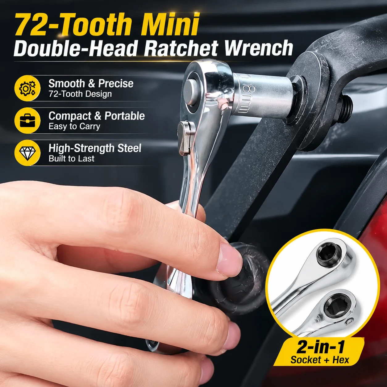 72-Tooth Mini Double-Head Ratchet Wrench, 2-in-1 Portable Socket Hex Torque Spanner, High-Strength Steel Hand Tool for