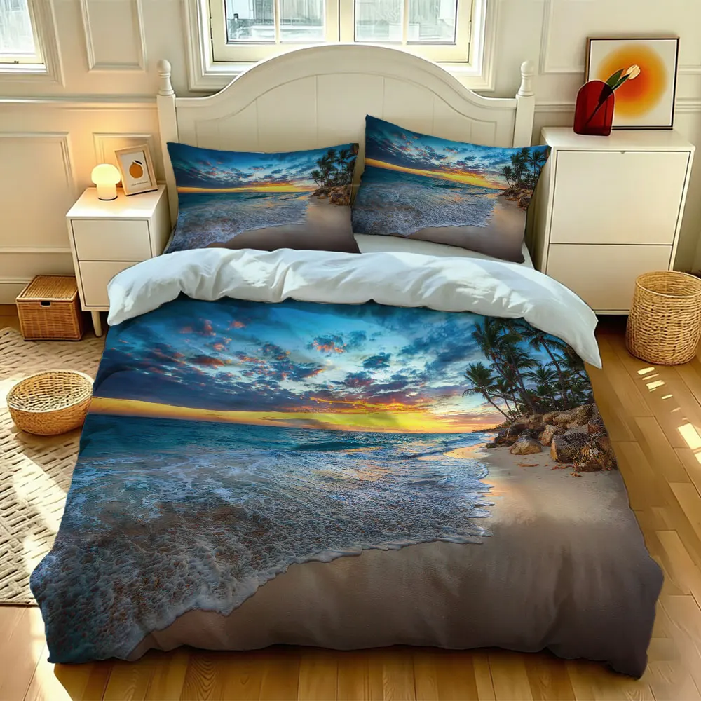 3pcs sunset coconut grove beach-themed bedding set, featuring a soft, coreless mattress pad and matching bedding accessories.