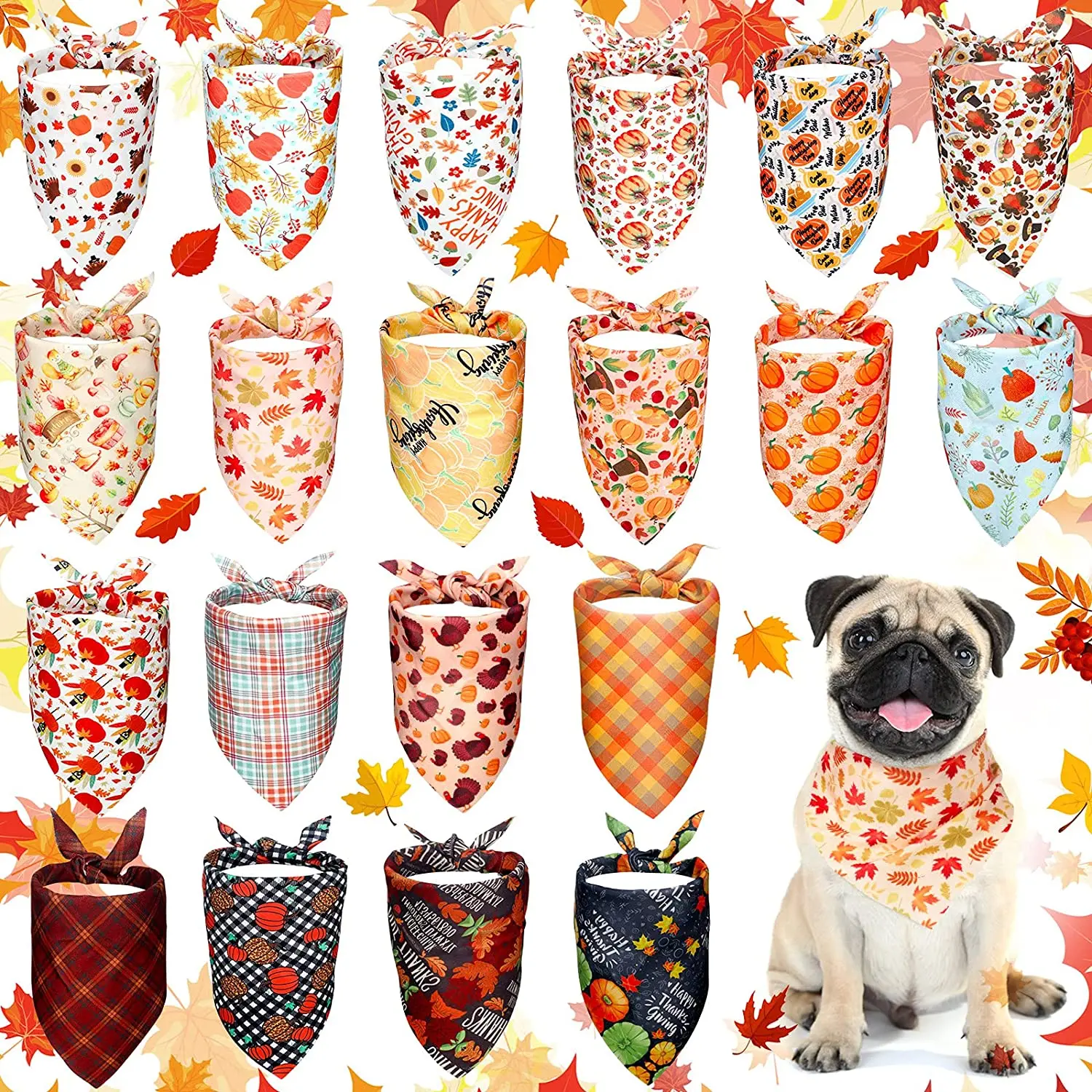 20 Packs Thanksgiving Dog Bandana Fall Autumn Pet Bandana For Dog Turkey Pumpkin Dog Triangle Scarf For Small Medium Pet Cats