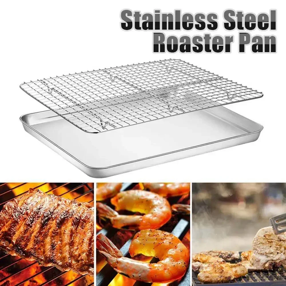 Großes Backblech aus Edelstahl mit Kühlregal, für Kekse, Grillrost, rostfrei, ungiftig, langlebig, spülmaschinenfest, für den Ofen