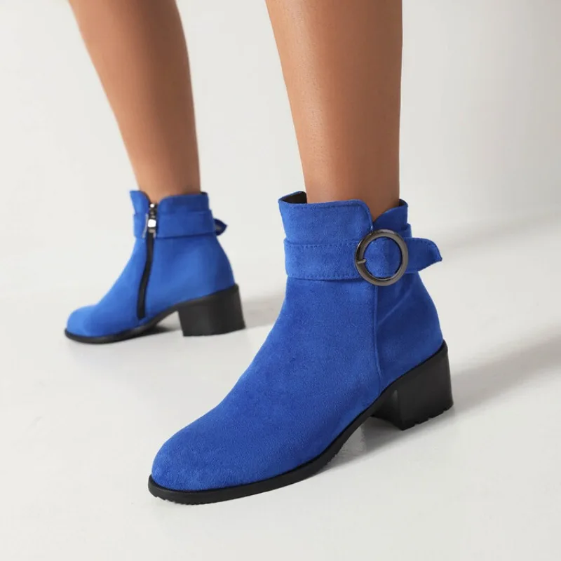 Women's Chunky Heeled Ankle Boots Spring/autumn Fashion Blue Color Side Zipper High Heels Sexy Elegant Stylish Short Boots