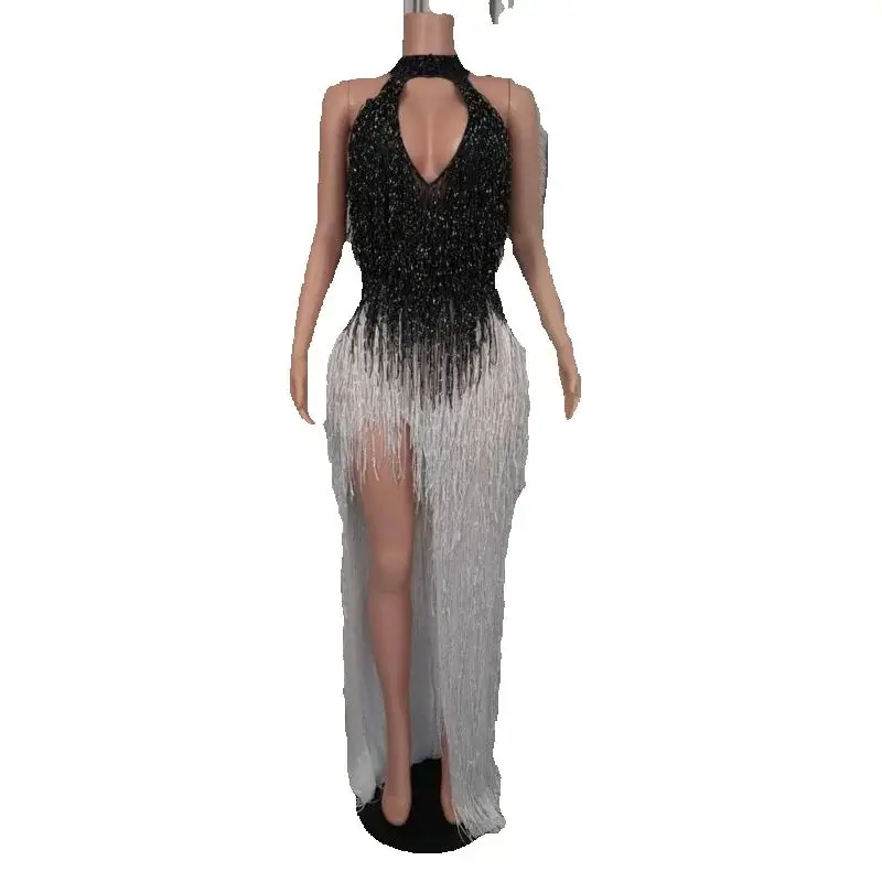 Vestido blanco y negro con flecos degradados para mujer, traje de Festival para Bar y Club nocturno, vestidos de noche para cantante, ropa de pasarela para escenario XS10223