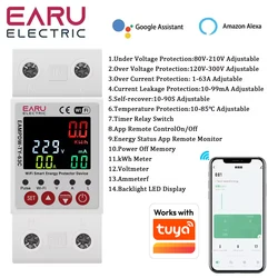 2P 63A TUYA APP WiFi Smart Circuit Earth Leakage Over Under Voltage Protector Relay Device Switch Breaker Energy Power kWh Meter