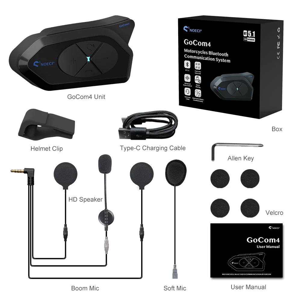 NOECI GOCOM4 Motorfiets Intercom Helm Bluetooth Headset Muziek delen BT5.1 Interphone Voor 4 Rijders 1500M Praten FM IP65