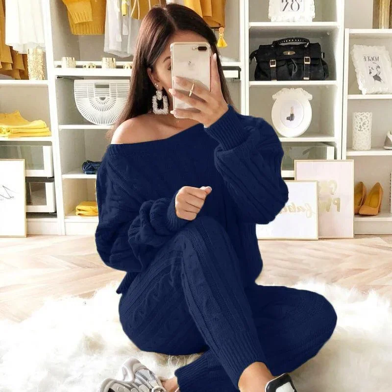 

Set Women's Long Sleeve Knitted Casual Two-piece Sweater Long Sleeve Top Thick Sweaters Oversize Dropped Shoulder Knit Pants