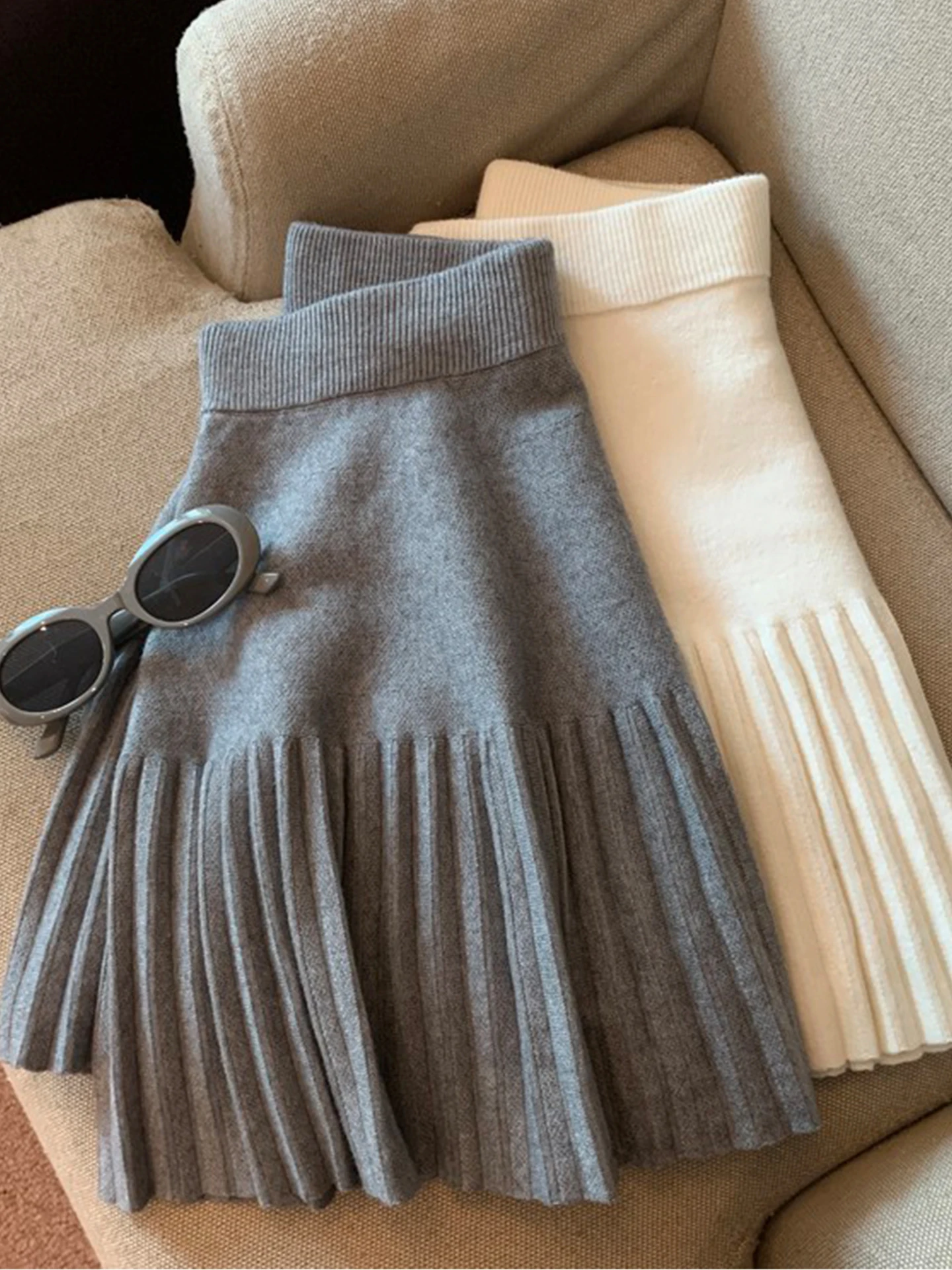 ay Knitted Pleated  Skirt Women's Autumn Winter Thiened Wrap around Skirt Soft Comfortable High Waist A-Line Skirt