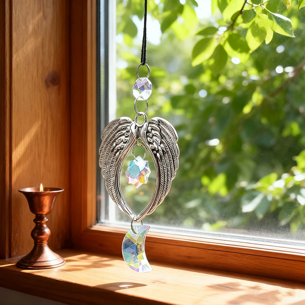 12.5cm 6.5cm 21g Angel Wings Crystal Sun Catcher Rainbow Maker Moon Star Hanging Ornament For Home Window Garden Car Decor Gift