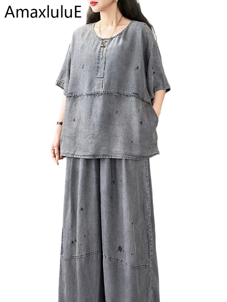 

Amax LuluE Британский летний женский элегантный классический джинсовый комплект из 2 предметов: футболка с круглым вырезом и модные винтажные джинсы свободного кроя