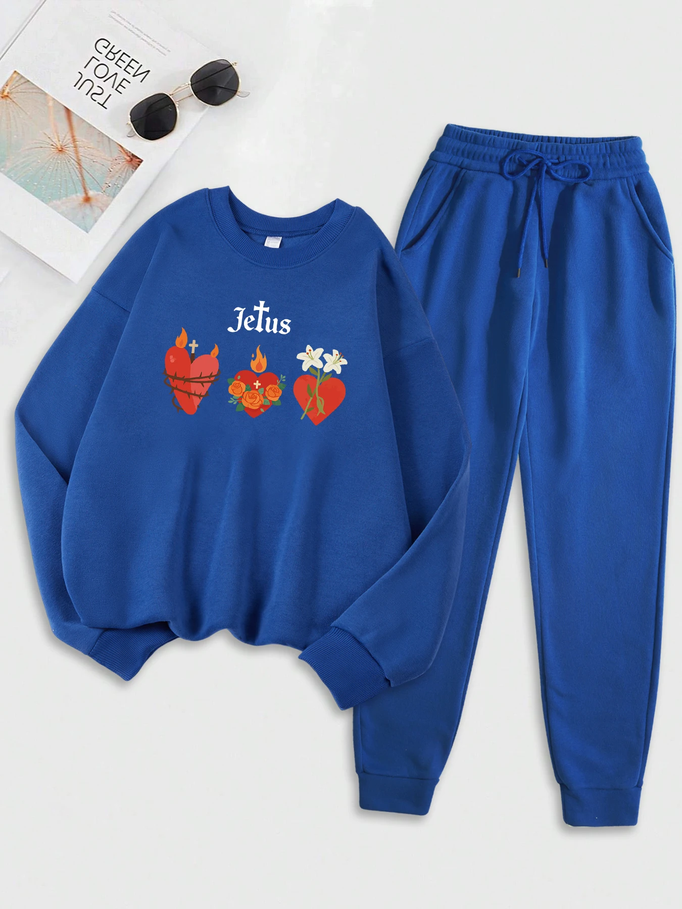 Conjunto de sudaderas con estampado de flores envueltas en forma de corazón para mujer, traje deportivo holgado, sudadera básica de moda, ropa suave y cálida