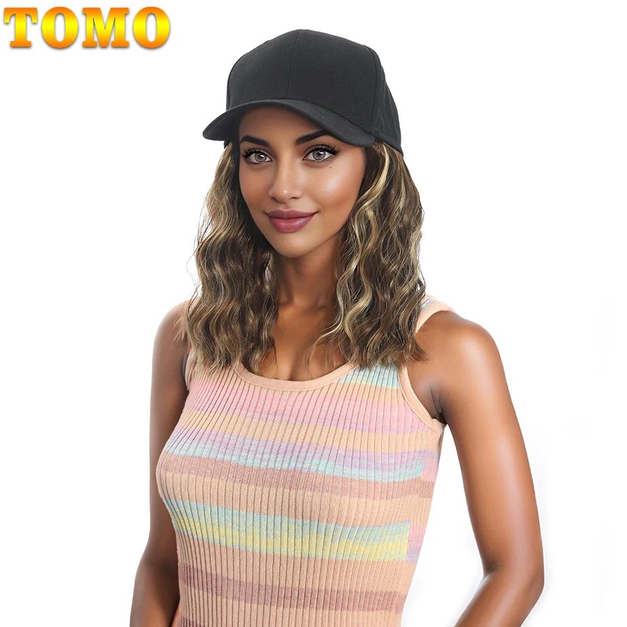 TOMO-Perruque de Baseball Synthétique Courte Ondulée, Bob Naturel, Chapeau Noir, Casquette avec Cheveux Allergiques, Ajustable pour Bol