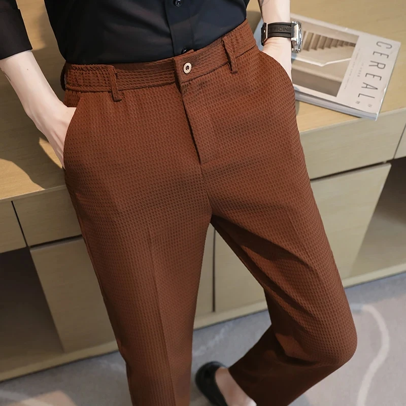 Pure Color Men Waffle Suit Pants Fashion Design Male Business Banquet Wedding Party Dress Trousers