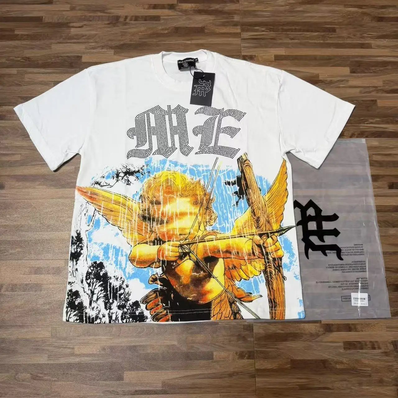 Mixed Emotion American Style Archery Angel Print Glitter Trendy High Street Heavyweight Cotton Short Sleeve T-Shirt Unisex