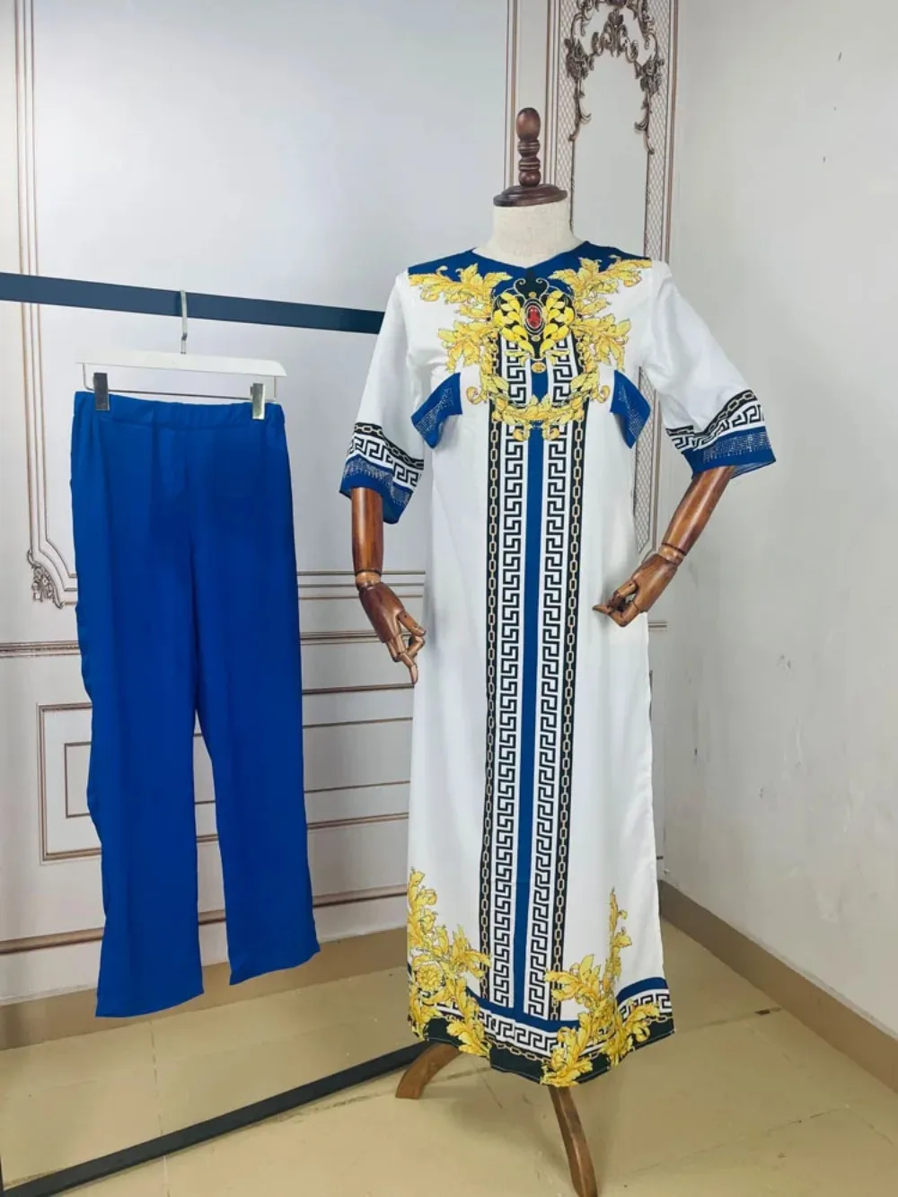 2024 Printed and Hot Brick Design New African Sexy Long Chiffon Top with Cotton Pants Women's Two Piece Evening Set