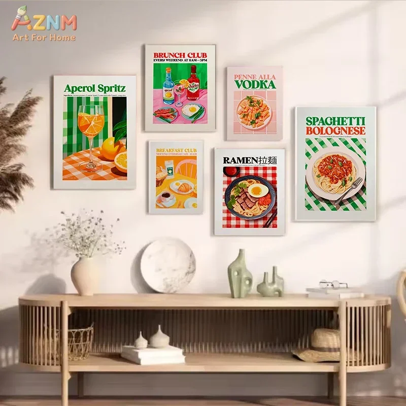 AZNM Retro Food Canvas Wall Art Pizza Ramen Sushi Spaghetti Wine Brunch Colorful Kitchen Trendy Art Print Poster Unframed Canvas