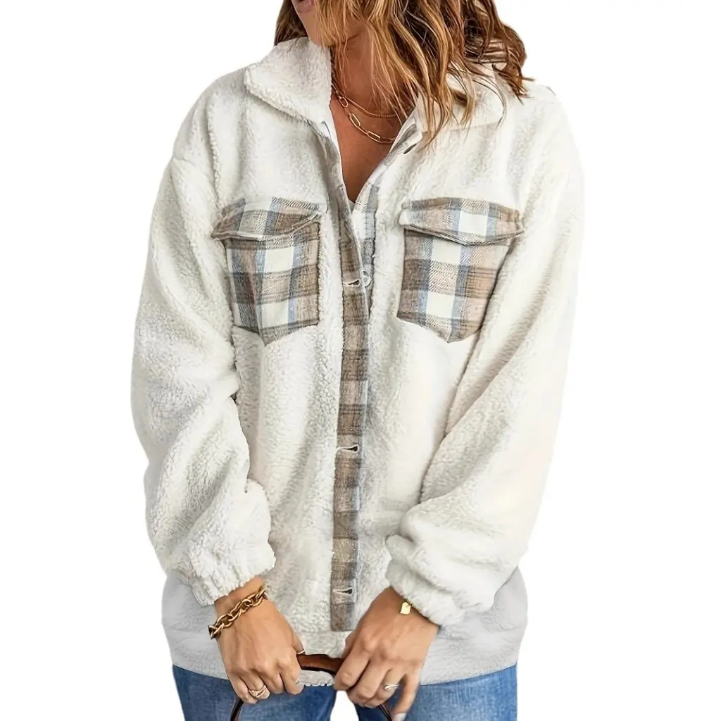 

Women's White Fluffy Coat Contrast Plaid Woolen Jacket Street Fashion European And American Style