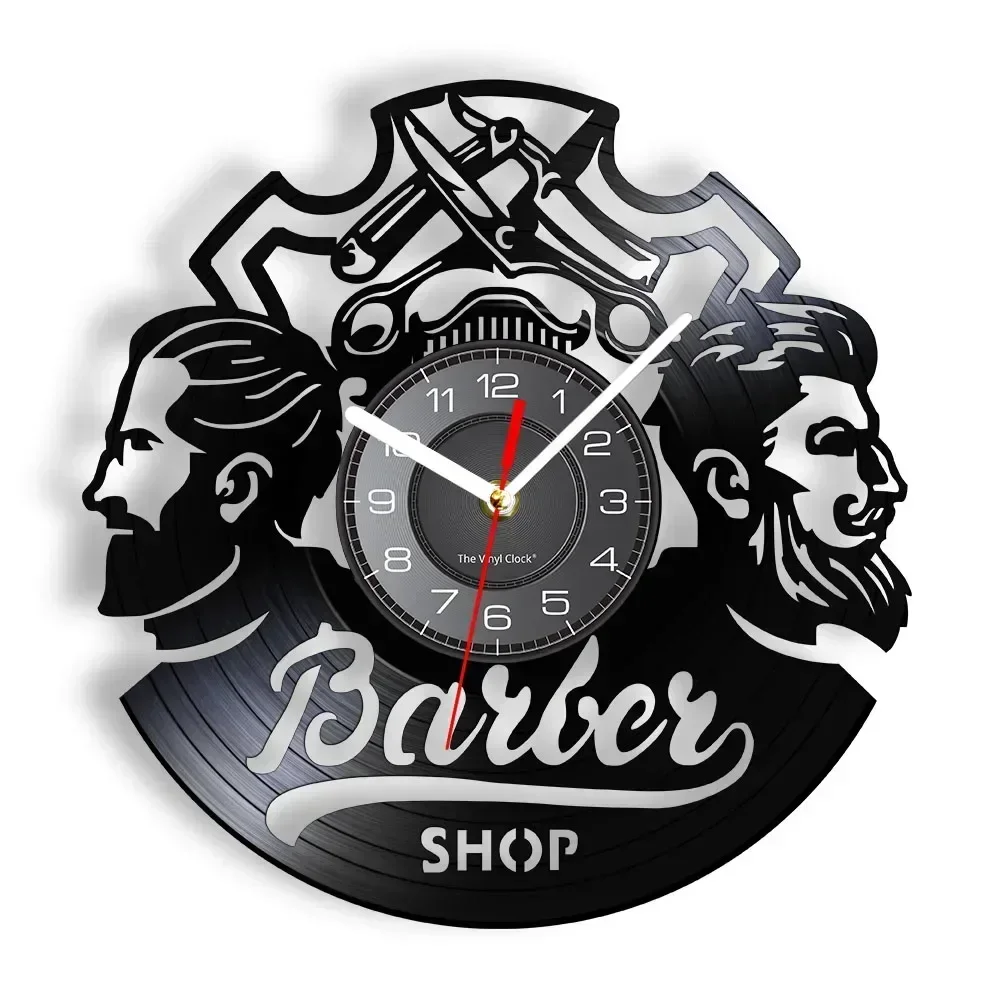 Barber Shop Logo Hair Salon Decor Vintage Vinyl Record Wall Clock Hair Accessories Hairdresser Wall Sign Decorative Wall Watch