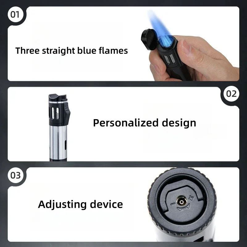 Creative Strong Firepower Butane Gas Lighter Turbo 3 Torch Blue Flame High Pressure Jet Straight Cycle Cigar Lighter Men\'s Gift