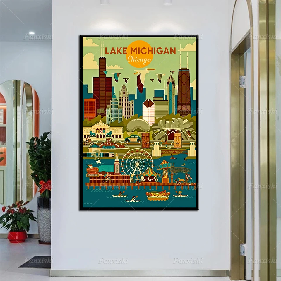 

Canvas Painting Wall Art Hd Printing Lake Michigan Chicago Knowledge Retro Landscape Poster Home Decor Modern Modular Pictures