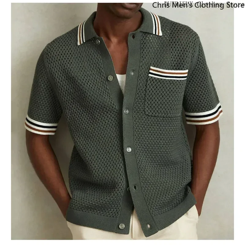 

Summer New Hollow-knit Men's Shirt, Business Leisure High Quality Lapel Men's Knit Shirt, Street Fashion Brand Men's Cardigan