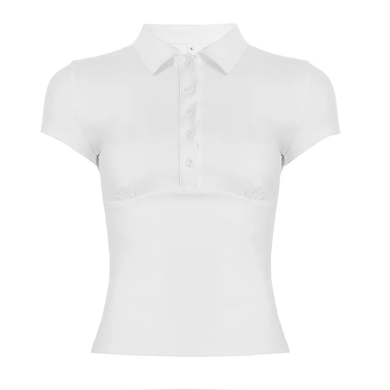 

2025 American Style Lapel Button Slim Fit Short Sleeved Exposed Navel T-shirt Short Top Summer New Style Slimming