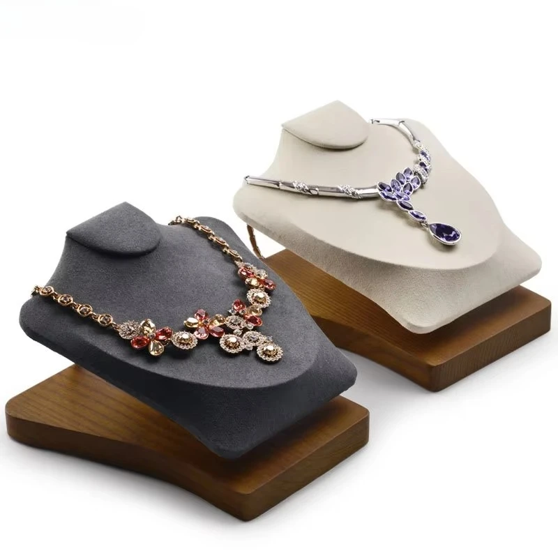 Soild Wood Necklace Display Bust with Microfiber Jewelry Display Props Mannequins Necklace Storage Holder