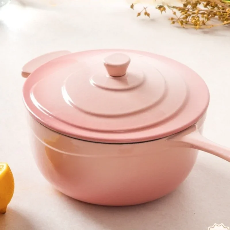 18cm Pink Cooking Pots Home Enamel Soup Pot with Single Handle Design Versatile and Practical Utensils for Kitchen