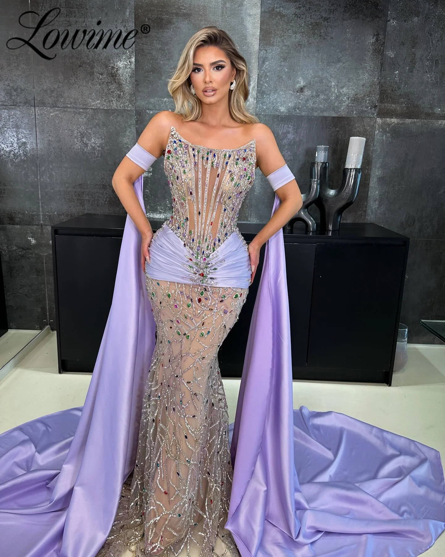 

Purple Mermaid Prom Dresses Celebrity Dress Long Sleeve Beaded Crystal Evening Gowns Robe De Soiree 2025 Customized Party Dress