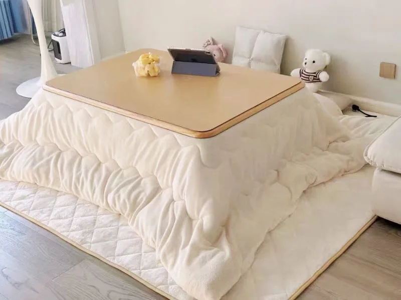 Beige White Warm Fluffy Flannel Kotatsu Funto Blanket 190x240cm with 1Pc Funto And 1Pc Carpet for Cozy Winters