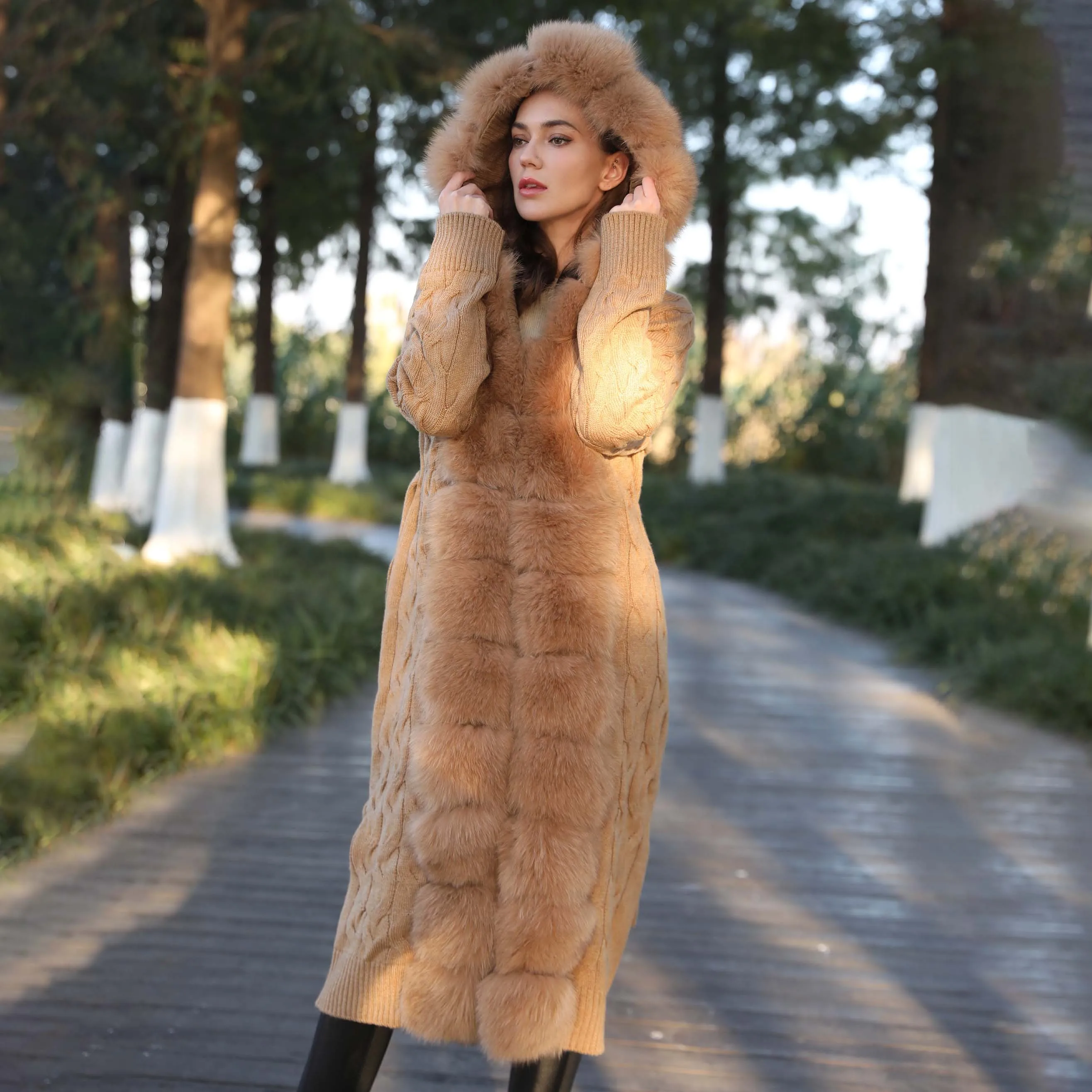 Extra Long Length Knitted Cardigan With Long Big Front Fur Trim Women Knitted Sweater Streetwear