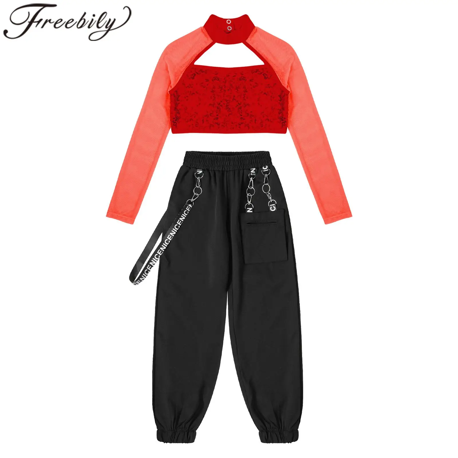 

Kids Girls Streetwear Suits 2Pcs Jazz Hip Hop Dance Costumes Shiny Crop Top with Cargo Pants Outfits for Sports Dancewear