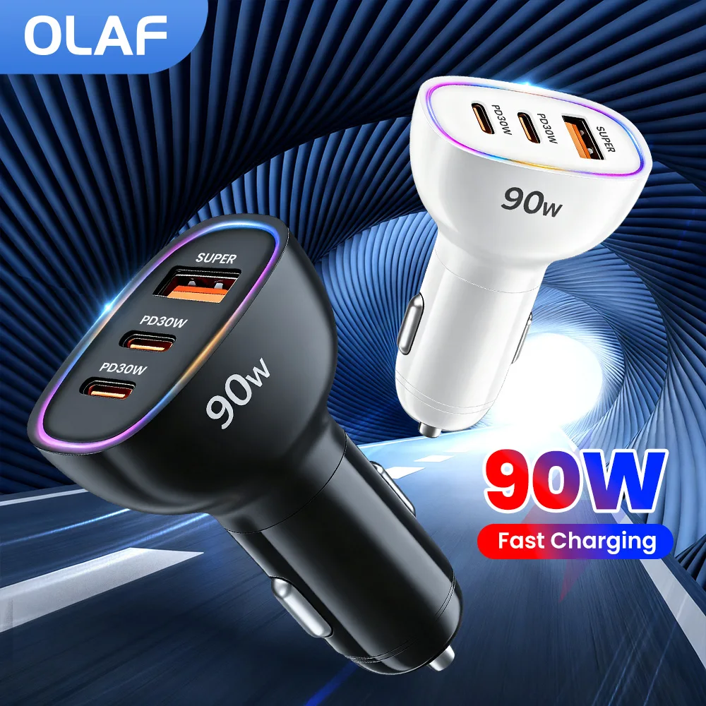3-Port 90W Car Charger USB Type C Car Phone Charger Fast Charging 2PD30W QC30W Car Lighter Adapter for iphone Samsung Xiaomi