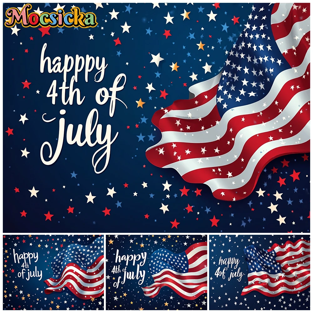 Mocsicka Happy 4th Of July Photo Backdrop Dark Blue Art Wavy American Flag Usa Independence Day Patriotic Photography Background