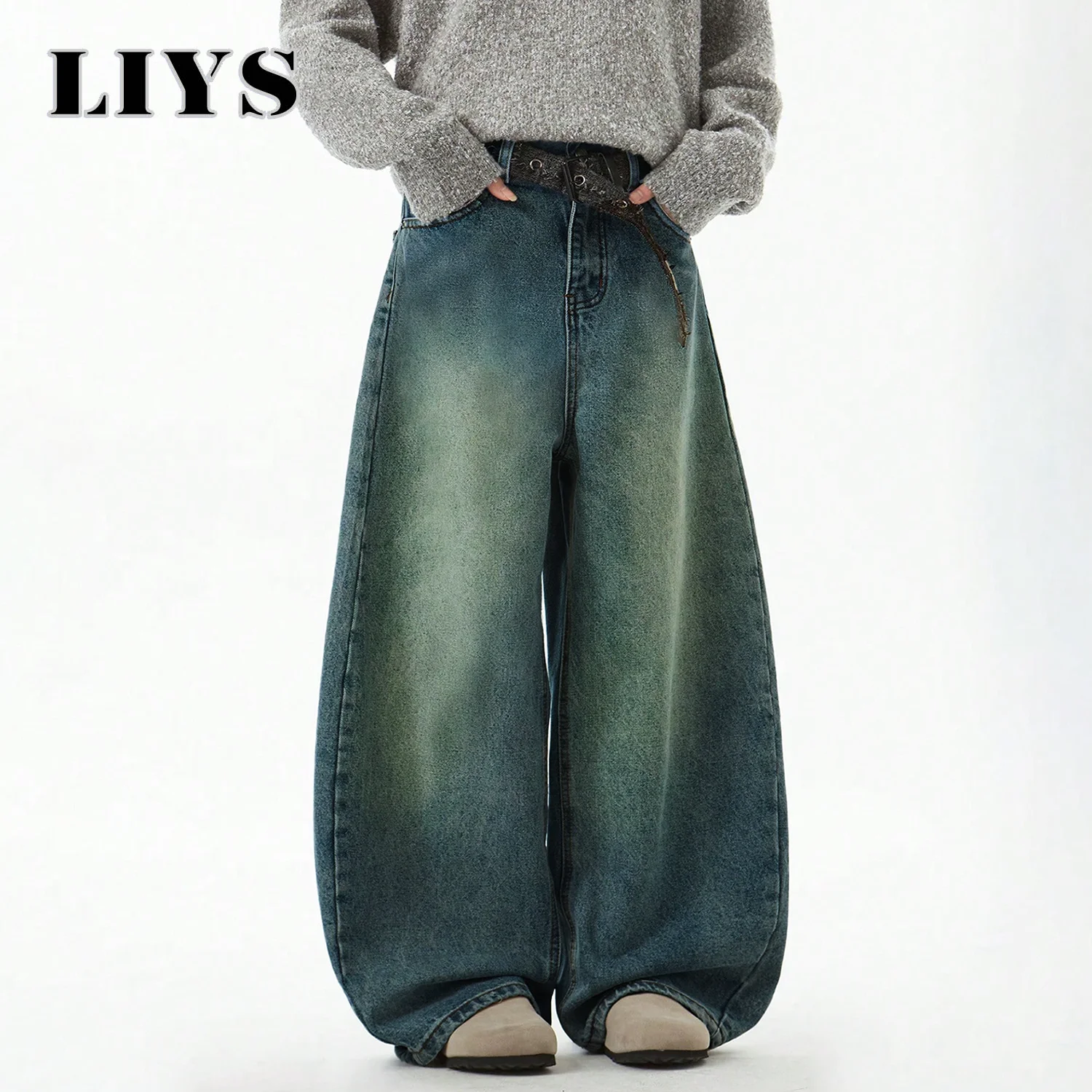 ملابس رجالية زرقاء واسعة الساق من قماش الدنيم السراويل الفضفاضة الجينز خمر ثلاثي الأبعاد قطع منحني سكين الجينز فضفاضة تناسب الصيف الاتجاه الجديد