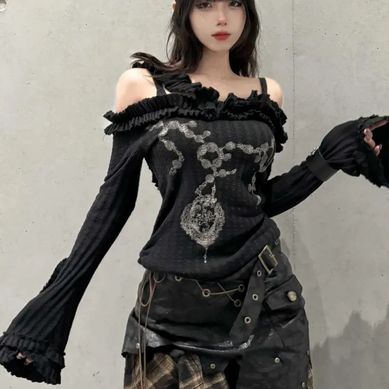 Women Vintage Off Shoulder Flare Sleeve Knit Top Gothic Punk Harajuku Print Ruffled Long Sleeve  Y2k Pullover Sweater